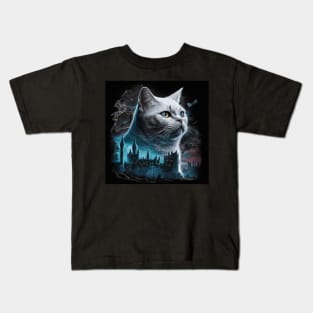 Shadowy White British Shorthair And Castles Kids T-Shirt